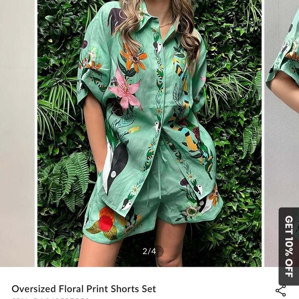 Commense Oversized Floral Print Button Up and Shorts Set